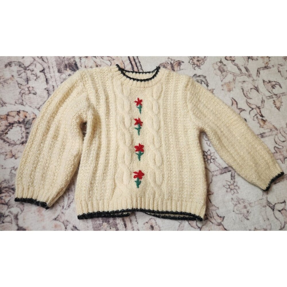 Zara Girls Sz. 2-3 Yrs Cream Cable Knit Floral Detail Long Sleeve Sweater